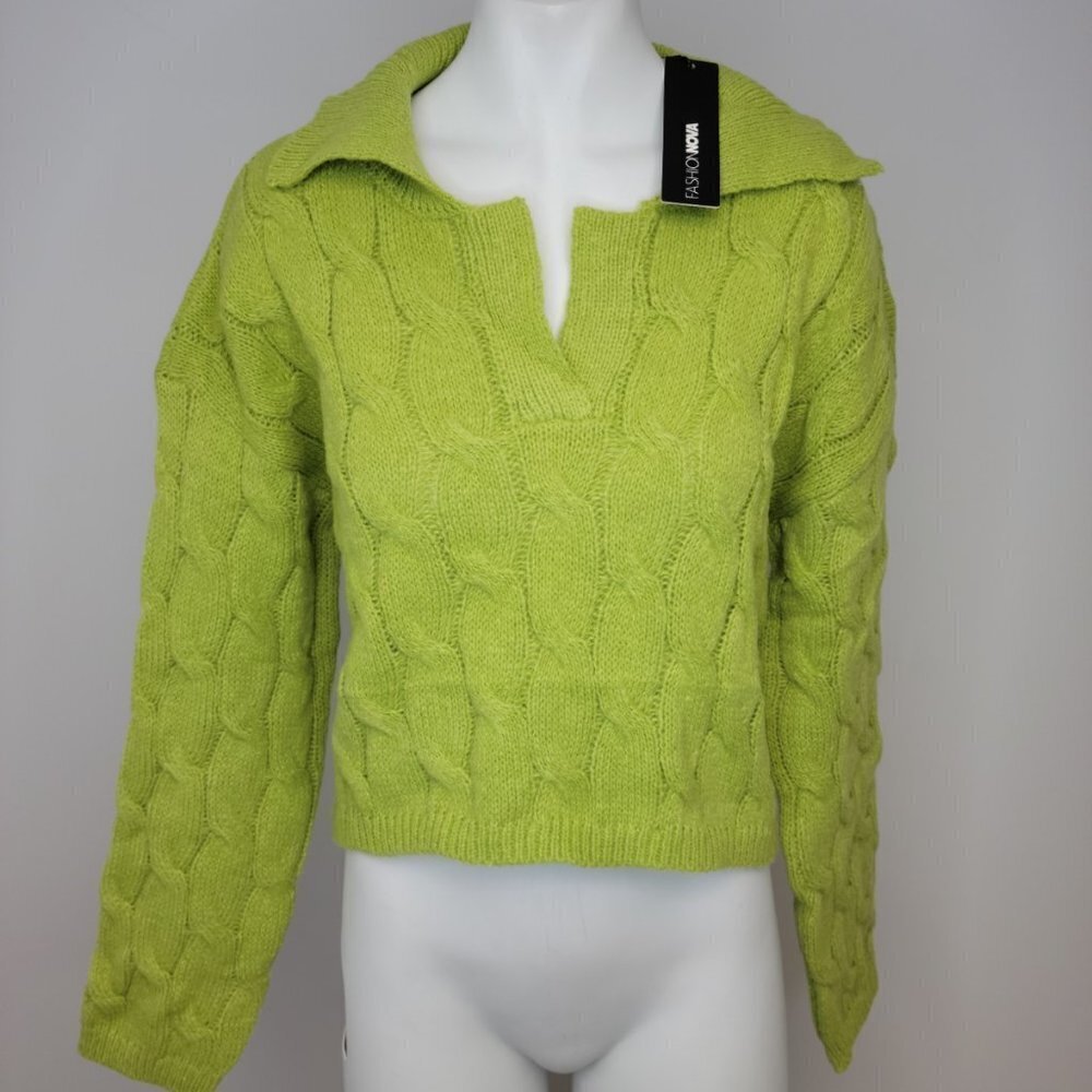 Fashion  Nova Knit Collared V Neck Sweater Green Size small
